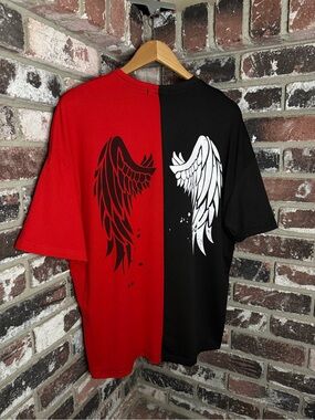 SHEIN Split Wing Colorblock Graphic Oversized Short Sleeve Tee- Angel/Devil